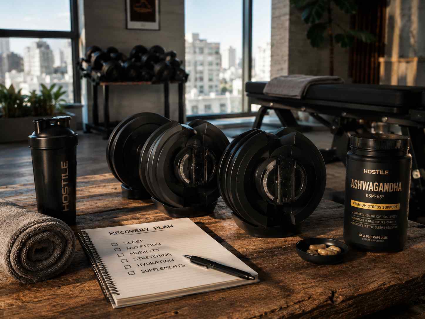Setup récupération home gym avec haltères réglables, carnet recovery plan, ashwagandha et accessoires