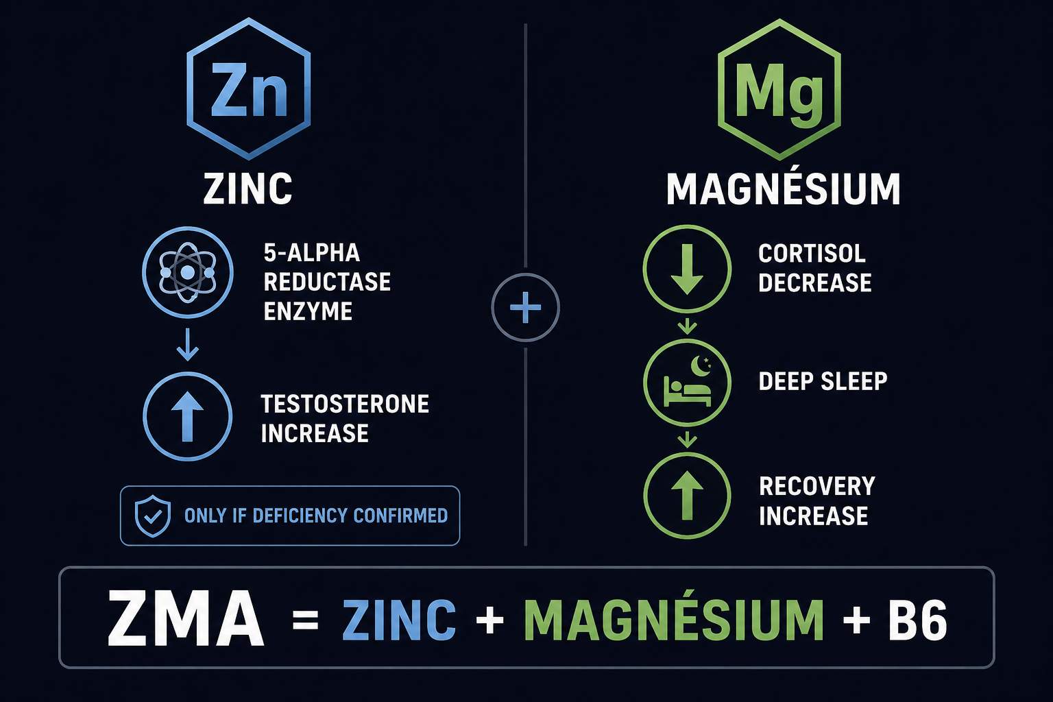 Infographie ZMA musculation : mécanisme zinc testostérone et magnésium cortisol sommeil récupération