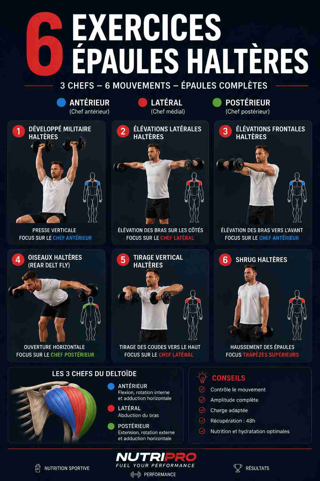 Infographie des 6 exercices épaules haltères — 3 chefs, 6 mouvements, épaules complètes