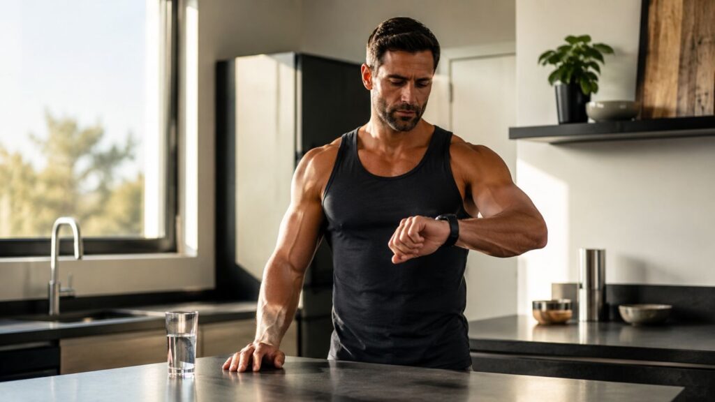 Homme musclé pratiquant le jeûne intermittent le matin avant sa séance de musculation