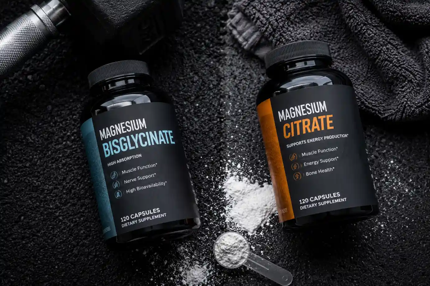Flacons de magnésium bisglycinate et citrate pour la musculation comparés sur fond noir avec haltère