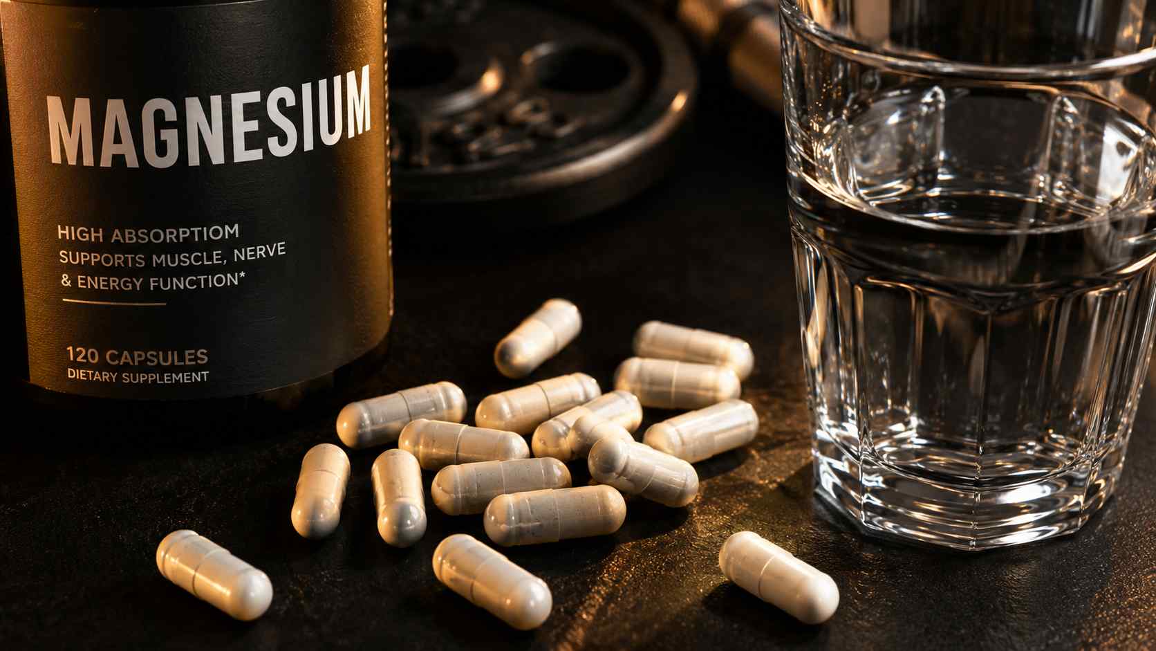 magnésium musculation dosage timing optimal — capsules et verre d'eau sur fond sombre