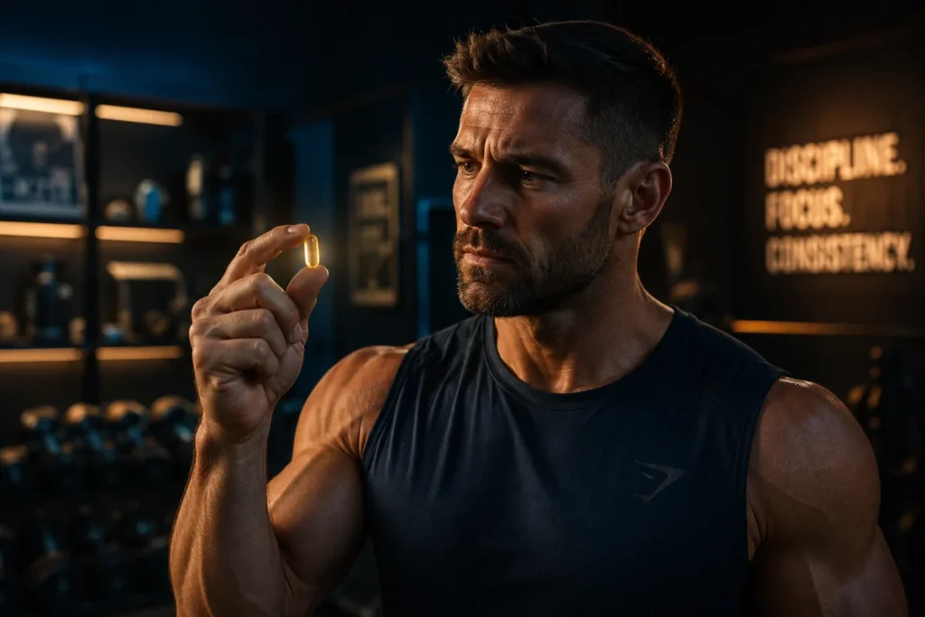 Homme sportif de 35-45 ans tenant une capsule d'oméga-3 dorée dans un home gym moderne. Éclairage dramatique, tons marine et ambre.