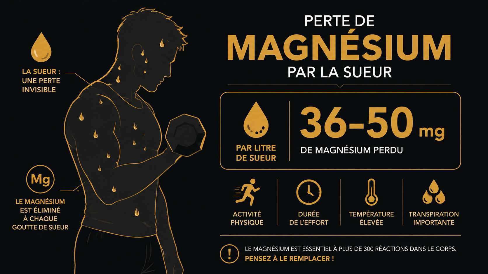 Infographie montrant les pertes de magnésium par la sueur lors d'une séance de musculation