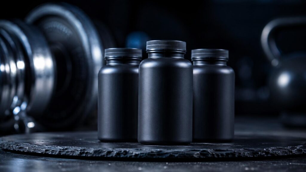 ZMA musculation — capsules zinc magnésium B6 sur fond sombre avec équipement de musculation