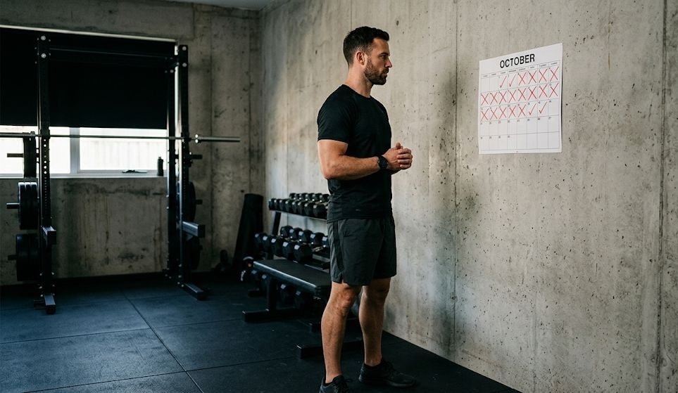 homme qui coche ses séances de musculation sur un calendrier — routine habitude durable