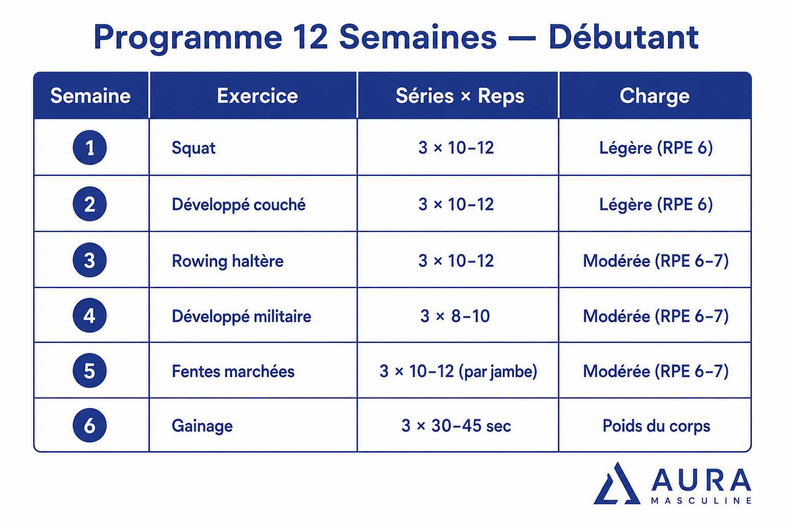 tableau programme musculation débutant 12 semaines — guide complet aura masculine