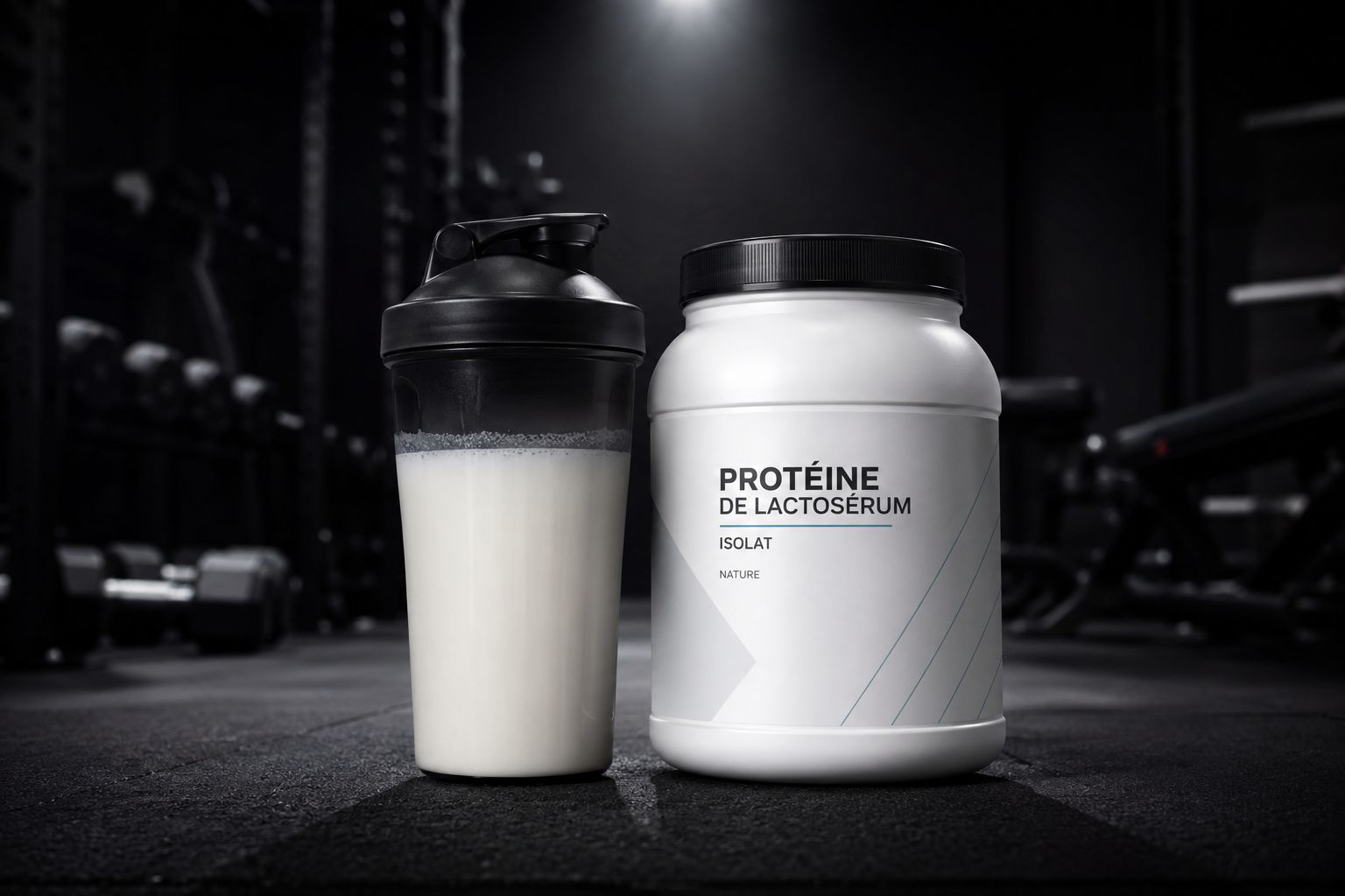 whey protéine musculation guide complet 2026 — shaker et pot de whey sur fond sombre