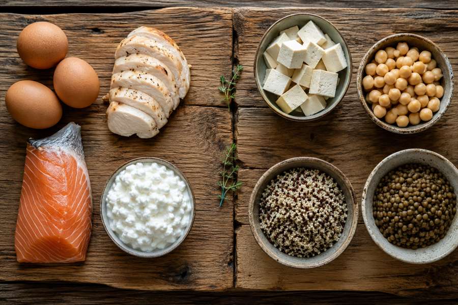 Aliments protéiques animaux et végétaux disposés face à face — choix nutritionnel après 40 ans
