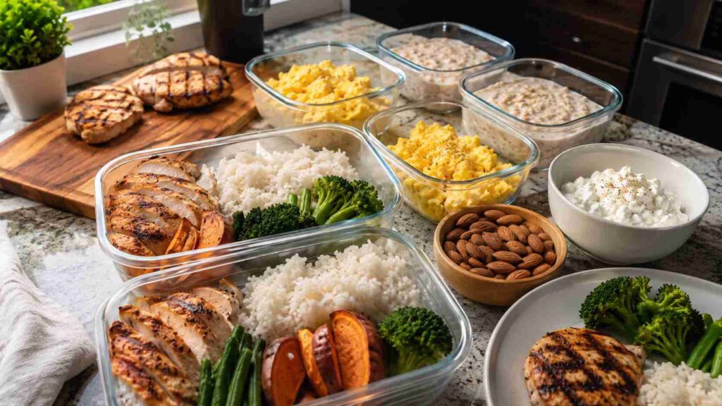 Plan alimentaire prise de masse maison — assiettes protéinées avec riz, œufs et poulet sur table de cuisine moderne
