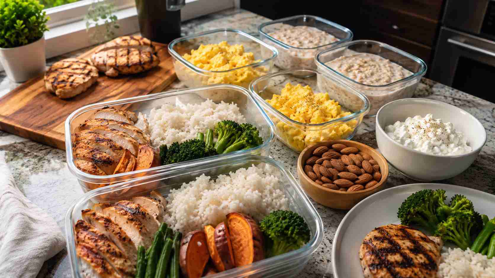 Plan alimentaire prise de masse maison — assiettes protéinées avec riz, œufs et poulet sur table de cuisine moderne