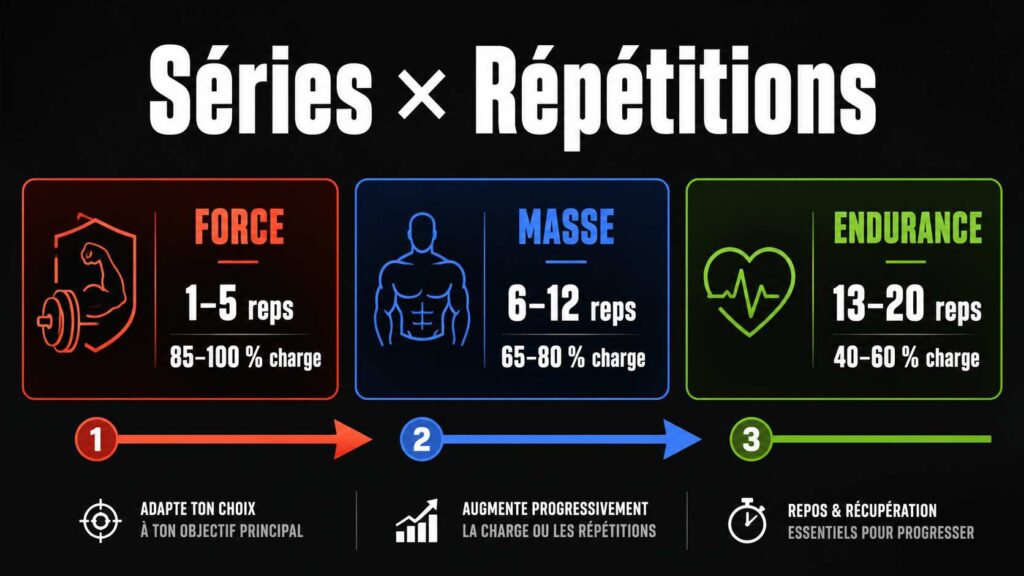 Infographie séries et répétitions en musculation selon l'objectif