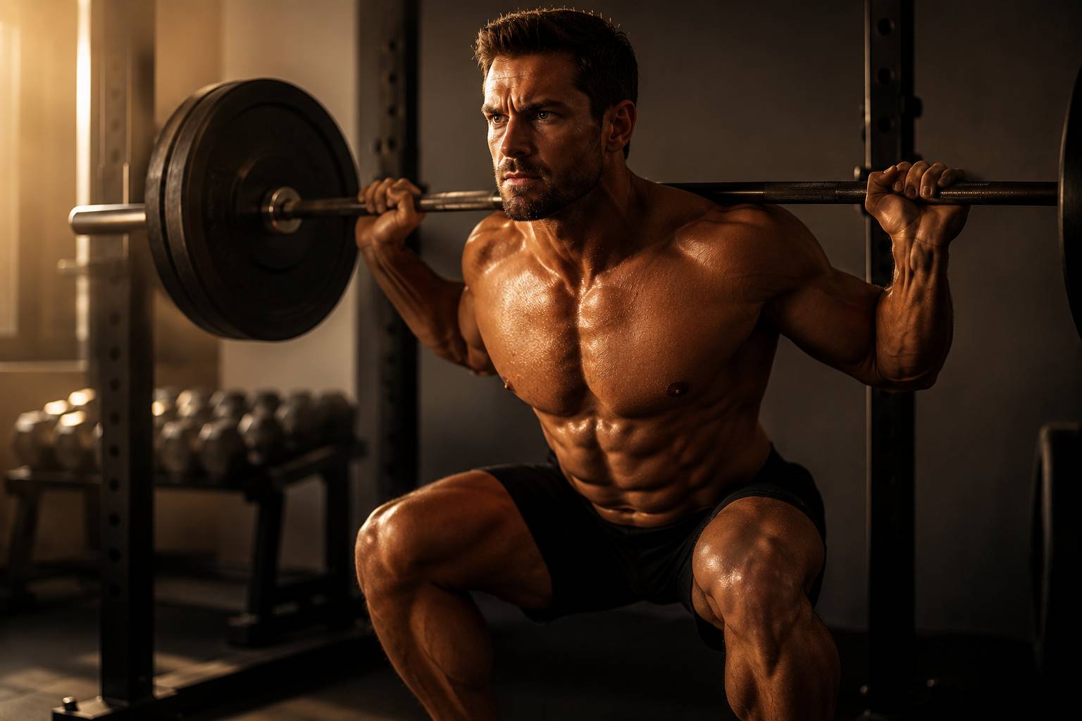 Homme réalisant un squat lourd dans une home gym — lien entre musculation et testostérone