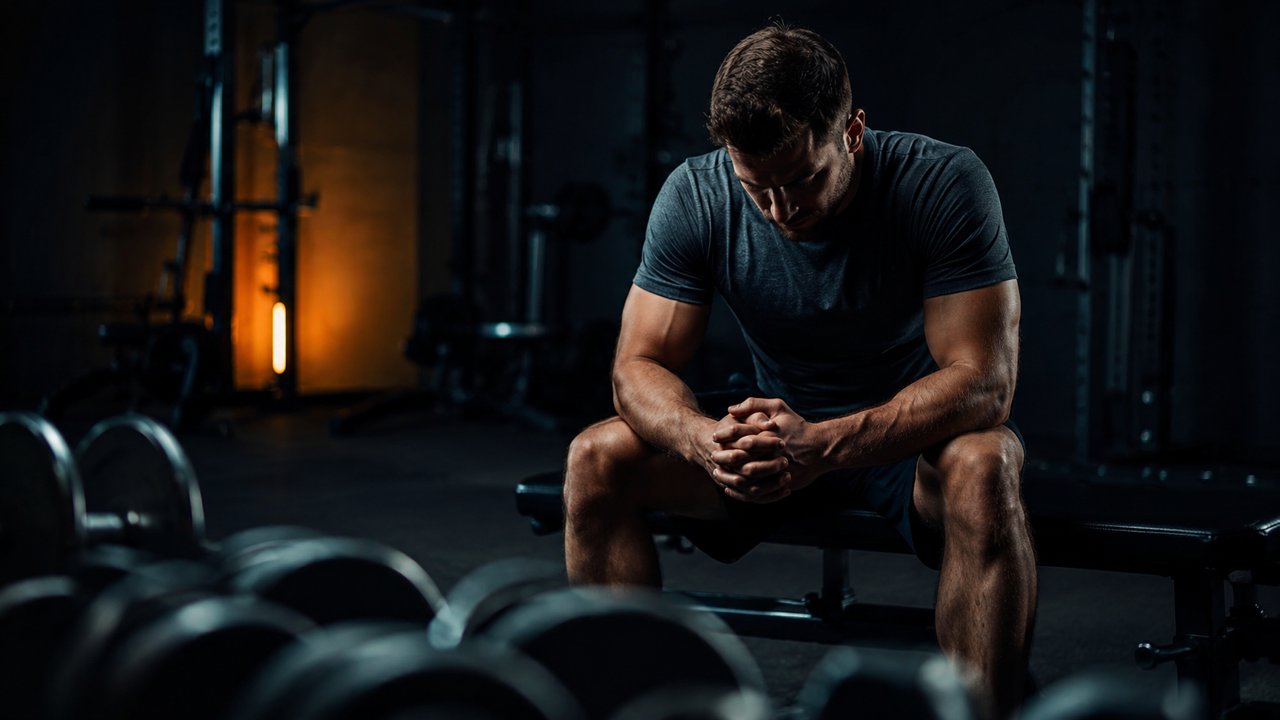 Homme athlétique fatigué assis sur un banc de musculation, illustrant l'impact du cortisol sur la testostérone