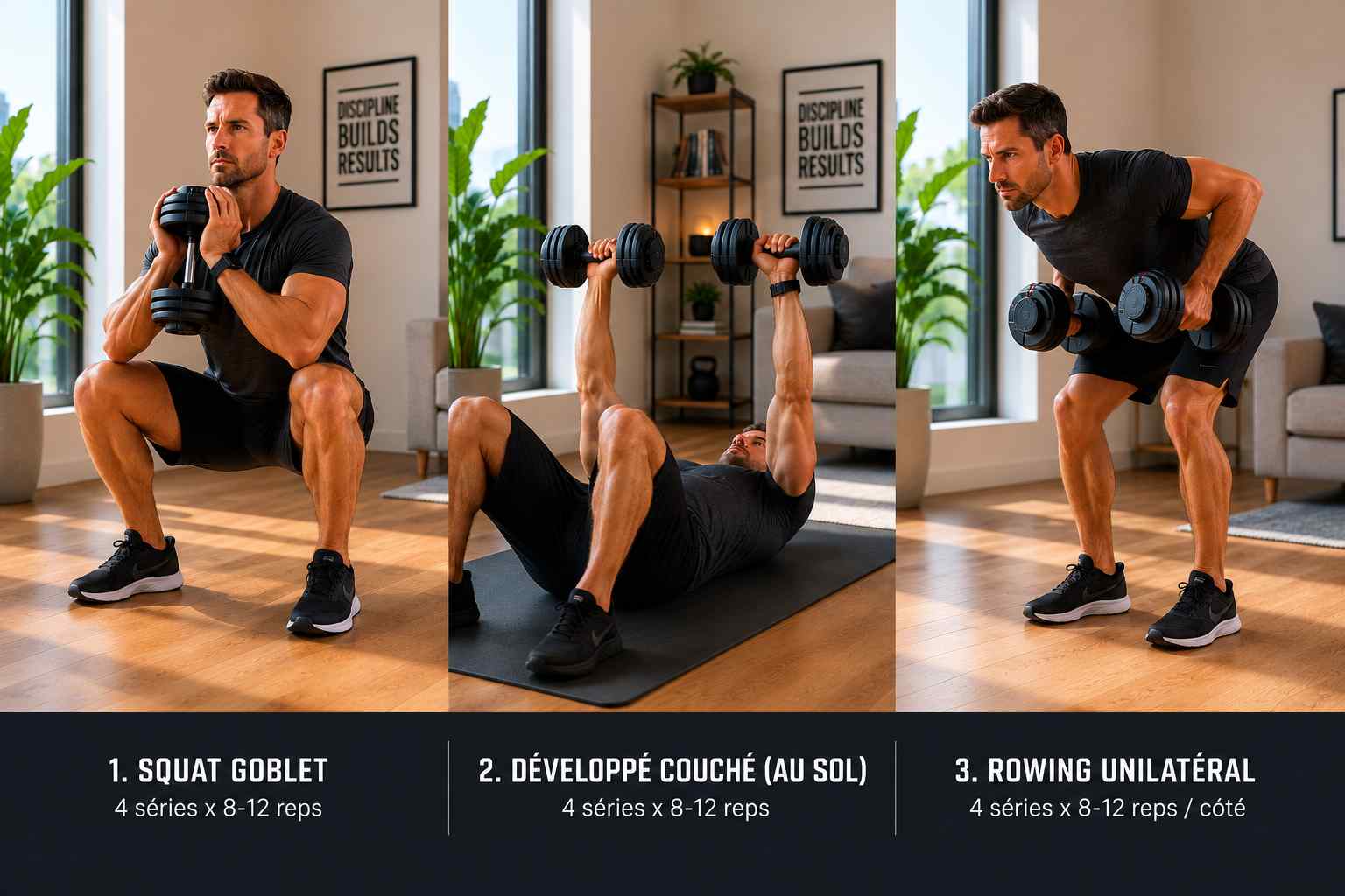 Démonstration des exercices clés du programme full body haltères